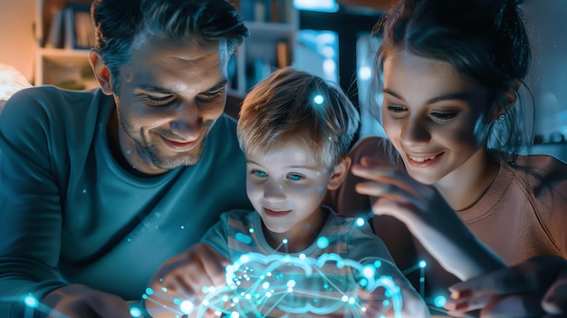 Photo happy family of three looking at glowing blue digital object holding it with both hands father mother and son