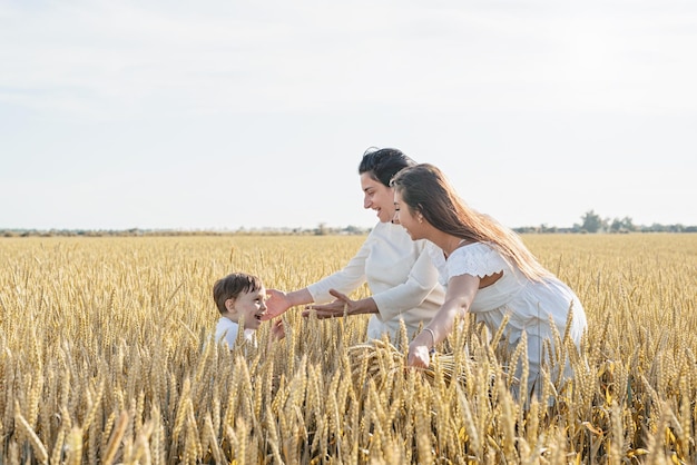 Happy family of three people mother and two children walking on wheat field