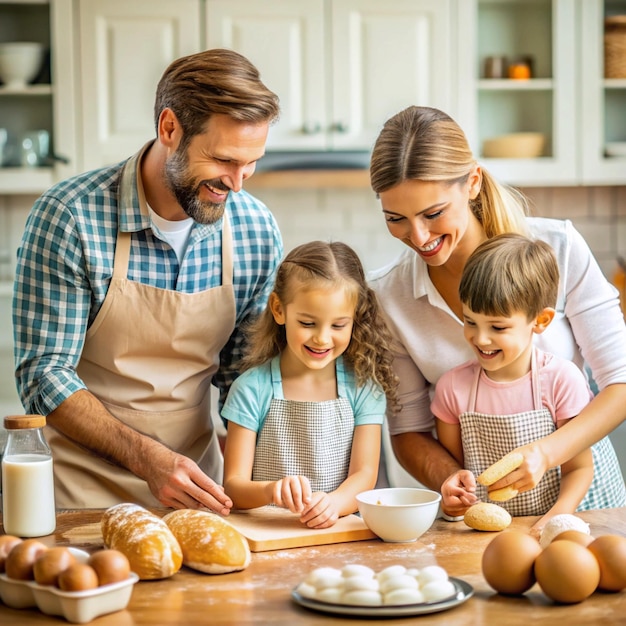 Happy family together preparing bread