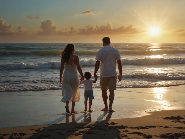 Happy family walking on the beach and having fun at sunset Summer vacation concept