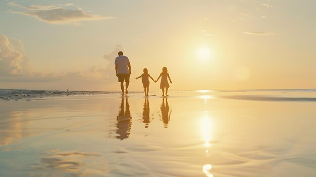 happy family walking on the beach at sunset Generative AI