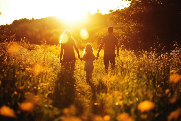 Photo happy family walking in fields at sunset in nature