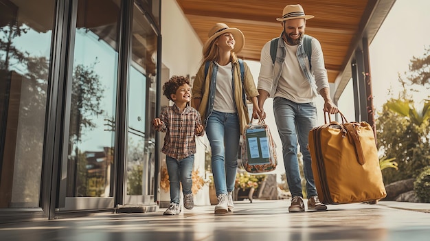 Photo happy family walking out of hotel luggage in hand ready to start their vacation