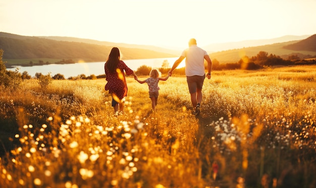 Happy family walking together in the summer meadow in the soft sunset light