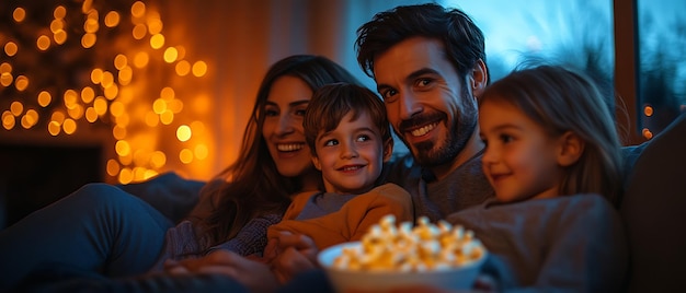 Happy family watching a movie at home