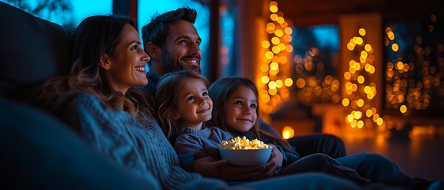 Happy family watching TV together on a cozy evening