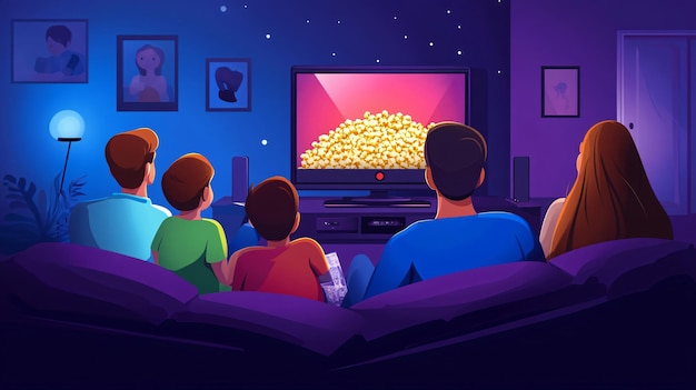 Happy Family Watching TV with Popcorn in Living Room