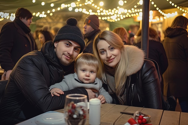 Happy family on winter holidays festive Mother father and their little son sitting at the table Vacation happiness family