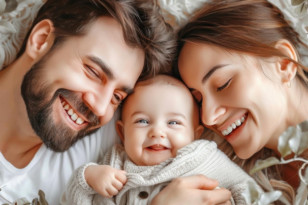 Happy family with baby in cozy living room vibrant colors joyful expressions digital art heartwarmi