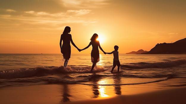 happy family with child on tropical beach with sunset background