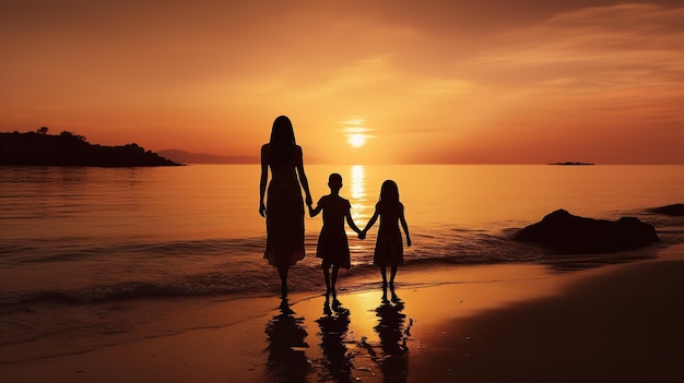 happy family with child on tropical beach with sunset background