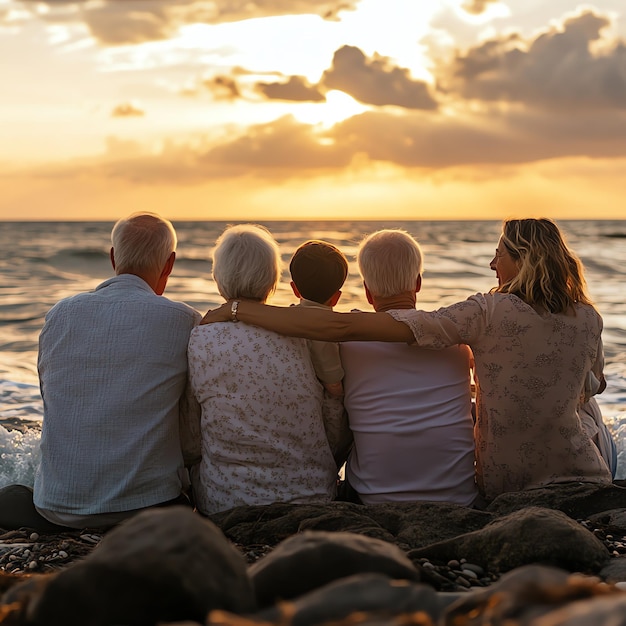 Happy family with elderly parents enjoying a day of sailing and adventure on the ocean showcasing the excitement of a multigenerational beach trip