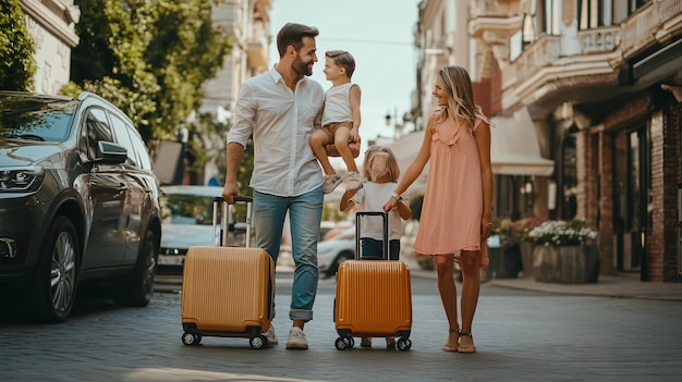 Photo happy family with luggage near car in city street