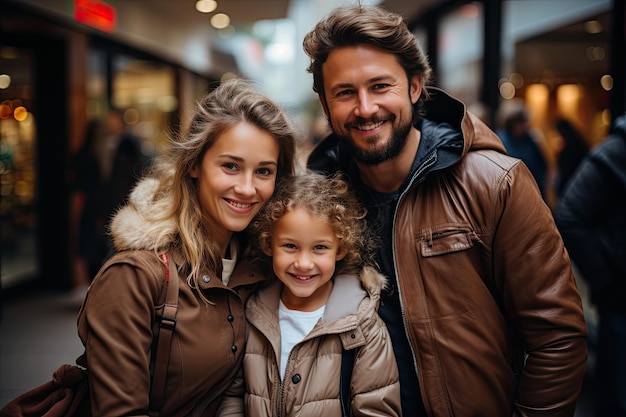 Happy family with shopping bags exiting the supermarket closeup with the stores logo visible in the background Generative AI