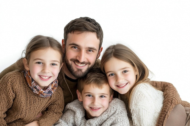 A happy family with three kids all smiling white b