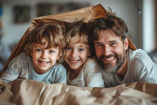 Happy family with two kids playing into new home