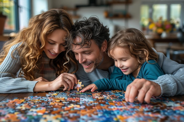 Photo happy family working on large puzzle together at home