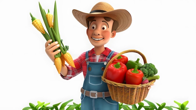 Photo happy farmer holding fresh vegetables