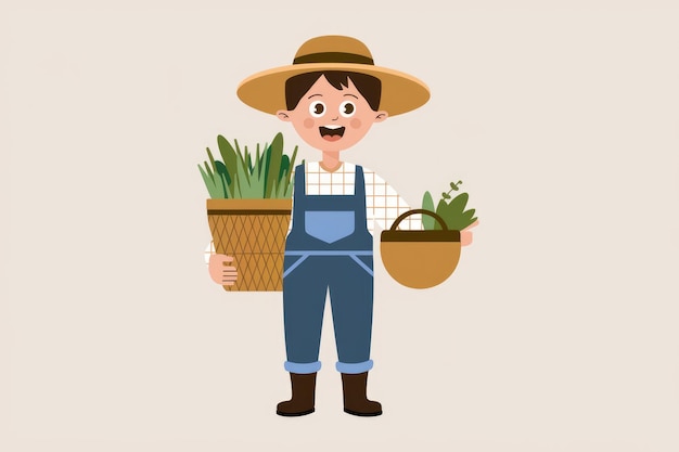 A happy farmer holding two baskets of fresh plants