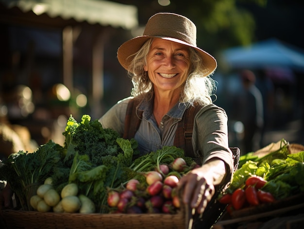 Happy farmer woman holding a basket of freshly picked vegetables and smiling Generative ai