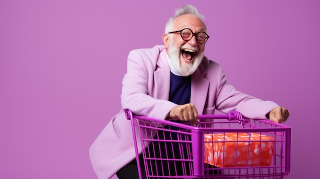 A happy fashionable grayhaired senior man in a shopping cart on a purple background with a copy space Discounts Sale Shopping center and shops concepts