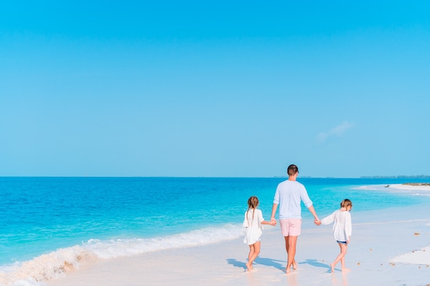 Happy father and adorable little kids on tropical beach having fun. Family vacation