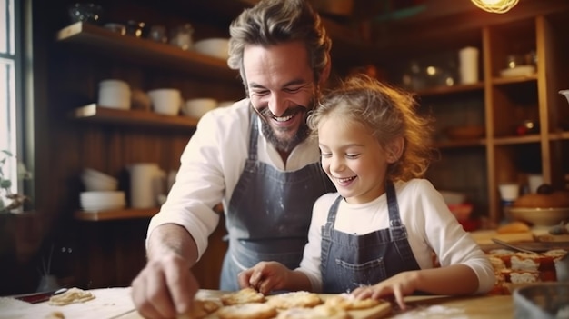 Happy father and daughter baking in a kitchen Illustration AI GenerativexA