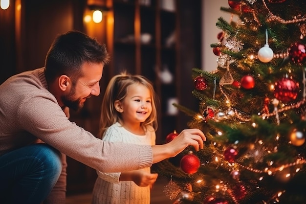 Happy father and daughter by the Christmas tree