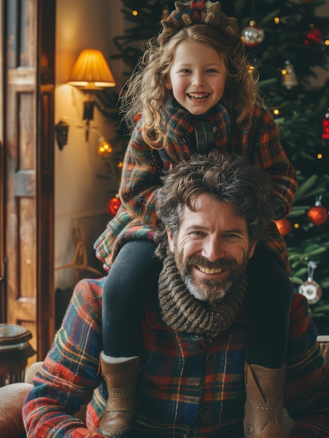 Happy Father and Daughter Celebrating Christmas Together with Joyful Smiles in a Cozy Festive Home