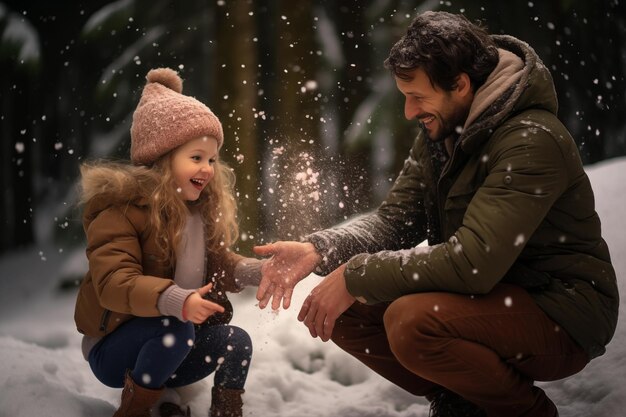 happy father and daughter playing with snow in winter forest Christmas holydays