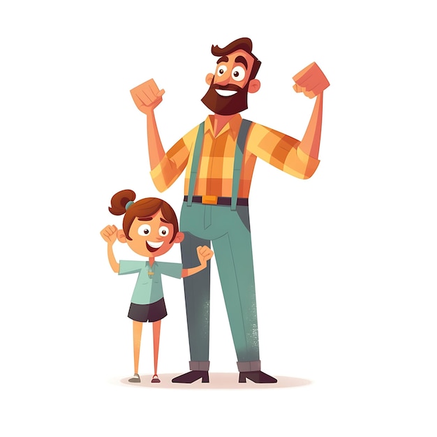 Photo happy father and daughter posing together with arms raised in celebration