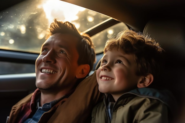 A happy father and his child in car