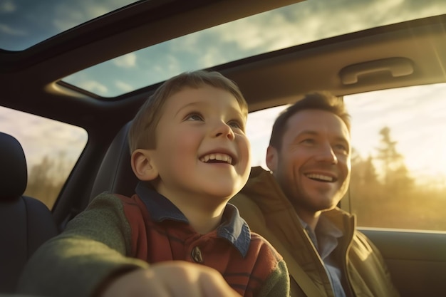 A happy father and his child in car