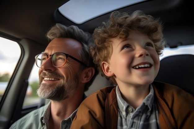 A happy father and his child in car