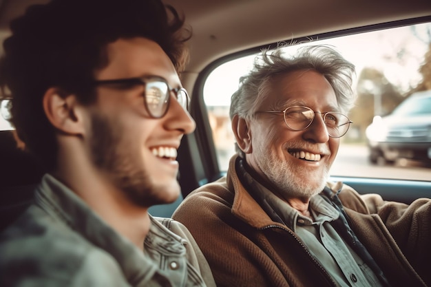 A happy father and his child in car