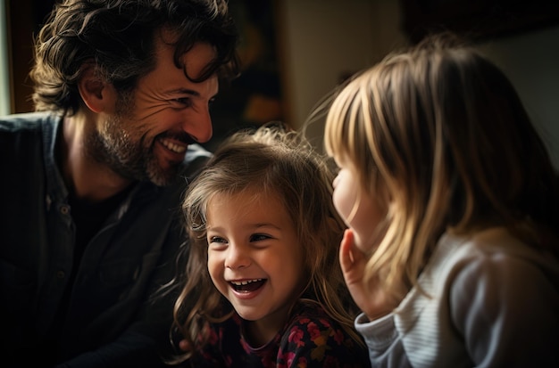 A happy father is enjoying with his 2 daughters Caucasian family