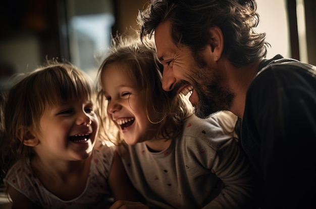 A happy father is enjoying with his 2 daughters Caucasian family