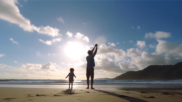 Happy father and kid on the beach Generative AI