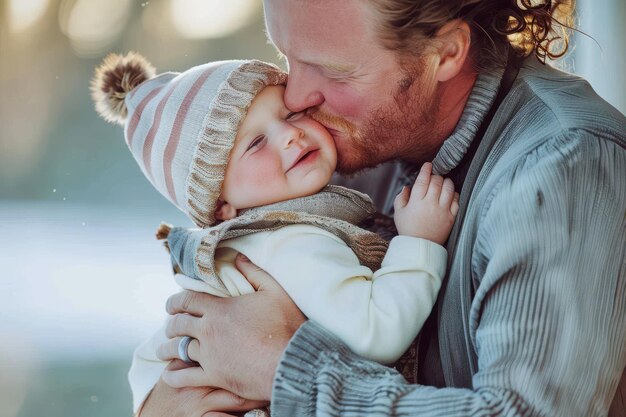 Photo happy father kissing his baby fatherly love a young father kissing his daughter in an emotional mom