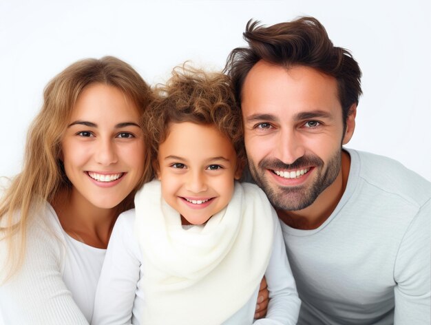 Happy father mother and child on isolated white background