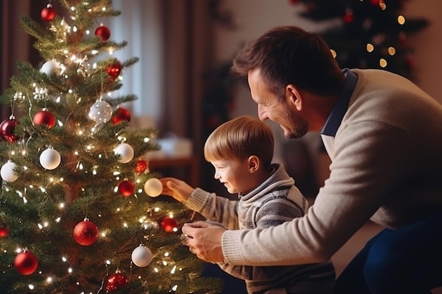 A happy father and son decorate a Christmas tree on Christmas Eve