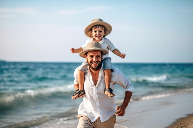 Happy father and son enjoying time at beach during family vacation Boys having fun together