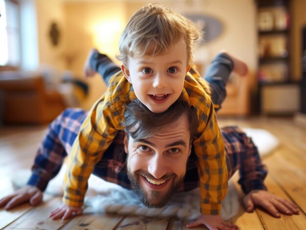 Photo happy father and son indoor playtime