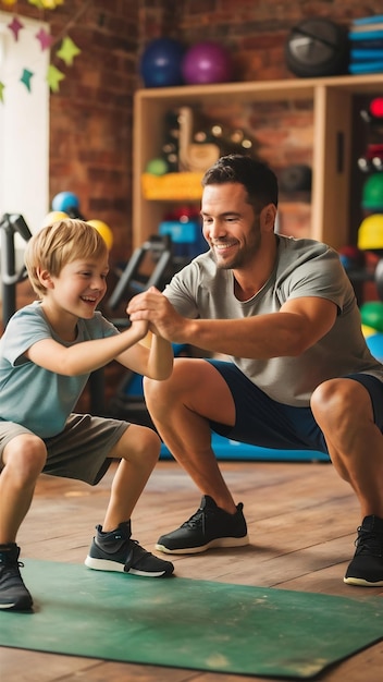 Happy father and son do warm up do squats at home