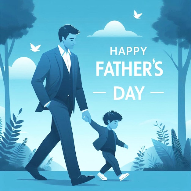 Happy fathers day blue background with father and child social media post