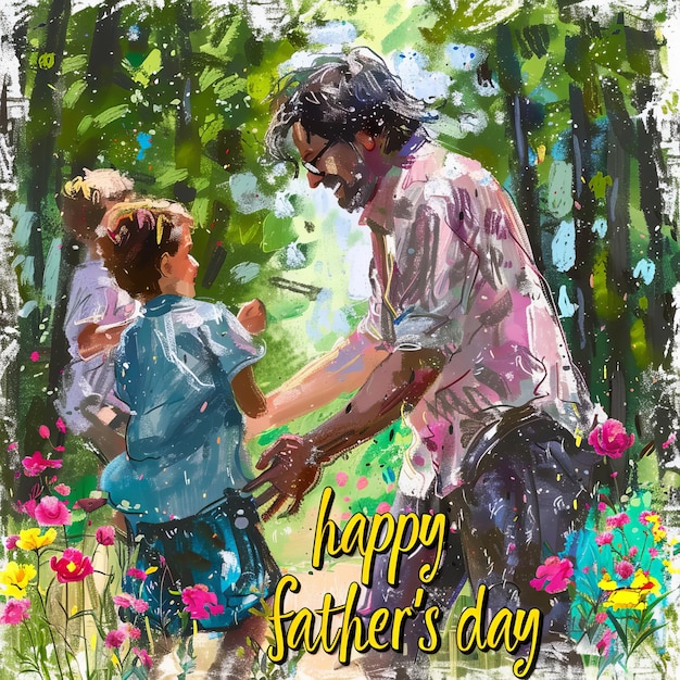 Photo happy fathers day card with colorful of father and childrenrealistic digital art