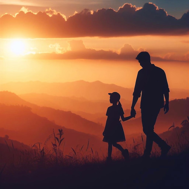 Happy Fathers Day concept Father with kid walking at afternoon