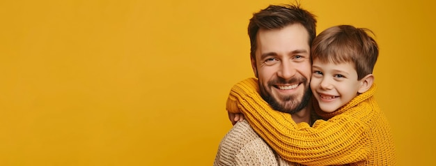 Happy Fathers Day Cute dad and son hugging on a yellow background