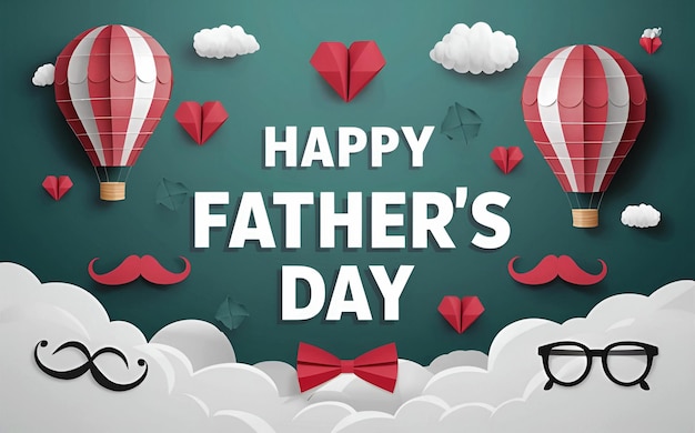 Happy Fathers Day greeting card banner poster or flyer design with flying origami hearts over clouds with air balloons