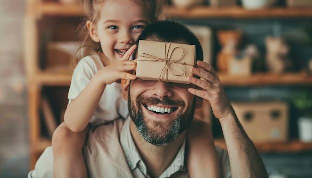 Happy Fathers Day smiling child hiding fathers eyes and handing gift postcard